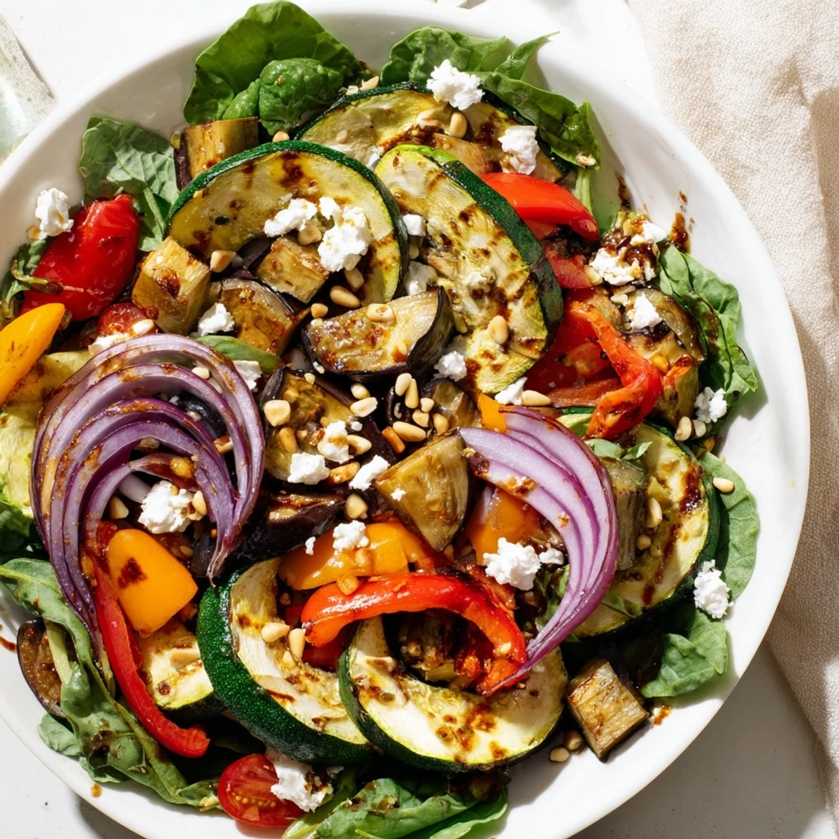 Warm, colorful Roasted Vegetable Salad with tender vegetables and tangy balsamic dressing.
