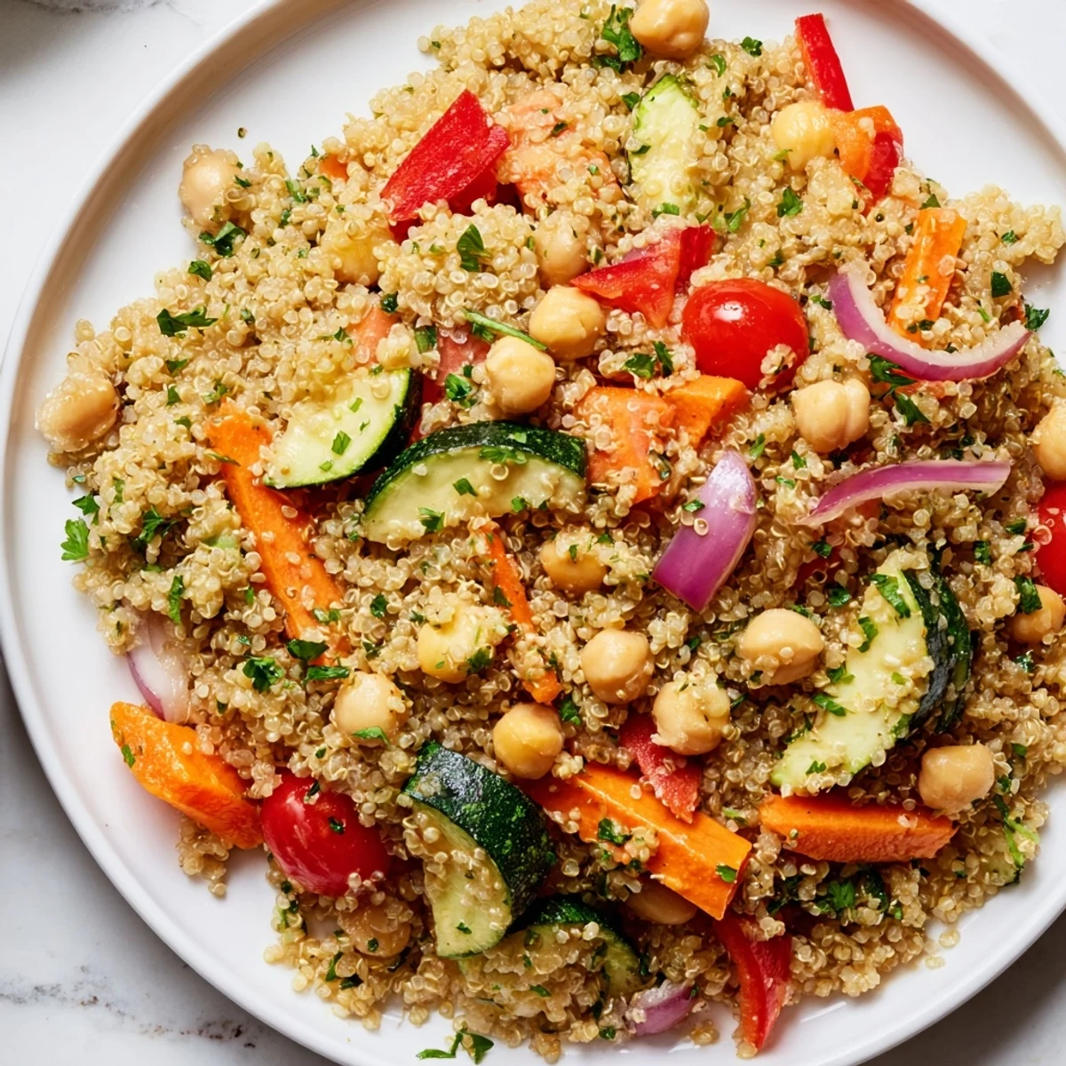 Colorful quinoa power salad: a delicious mix of roasted vegetables and creamy tahini dressing.