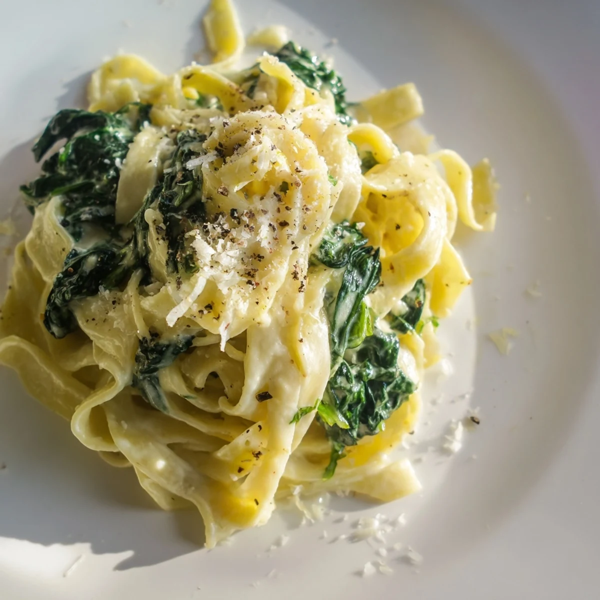 Rich and creamy spinach pasta, a comforting vegetarian meal with fresh spinach and Parmesan.