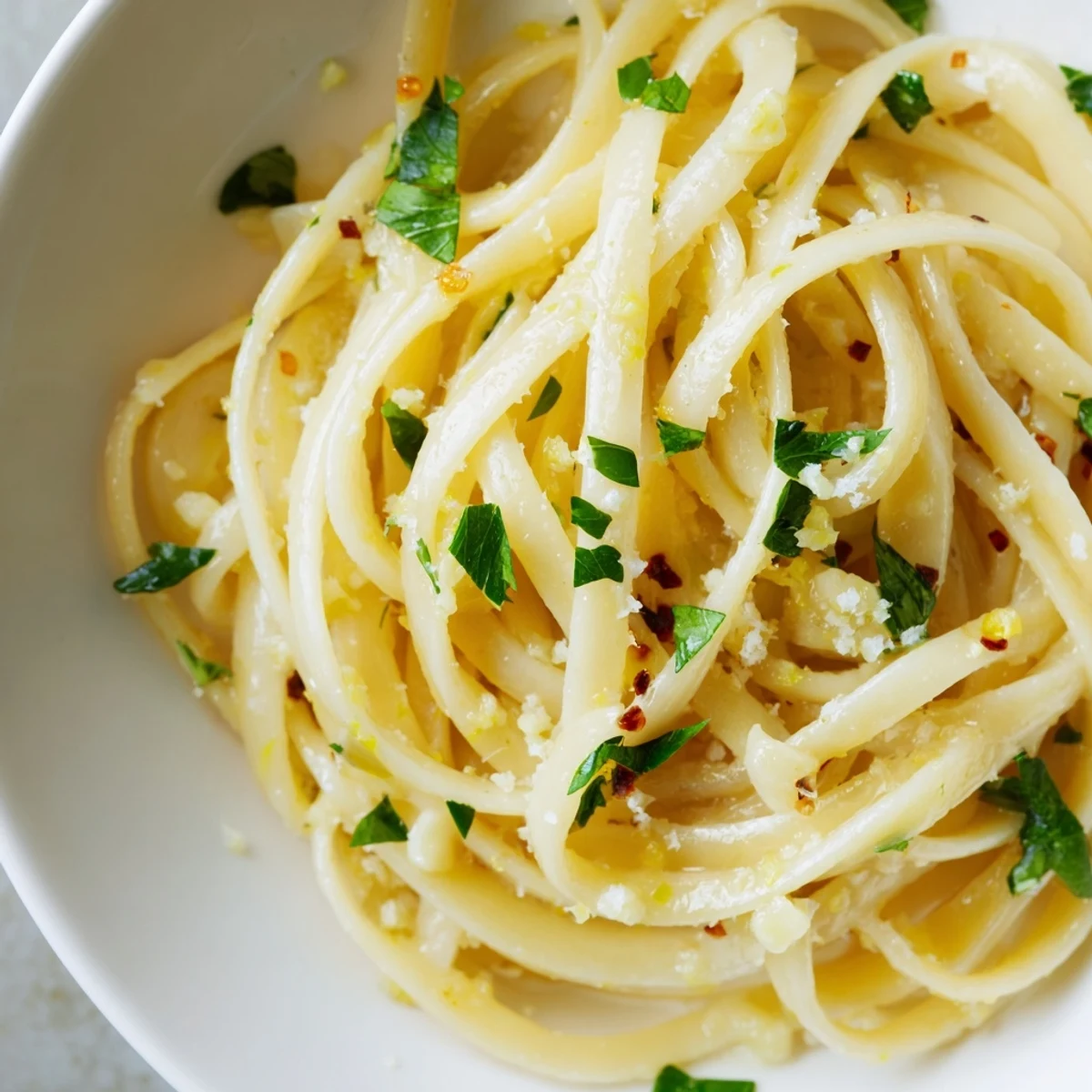 Golden garlic butter linguine, glistening with parsley, ready to be twirled on your fork.