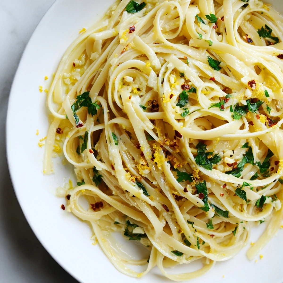 Steaming plate of Garlic Butter Linguine, tossed with fresh herbs; a quick, flavor-packed dinner.