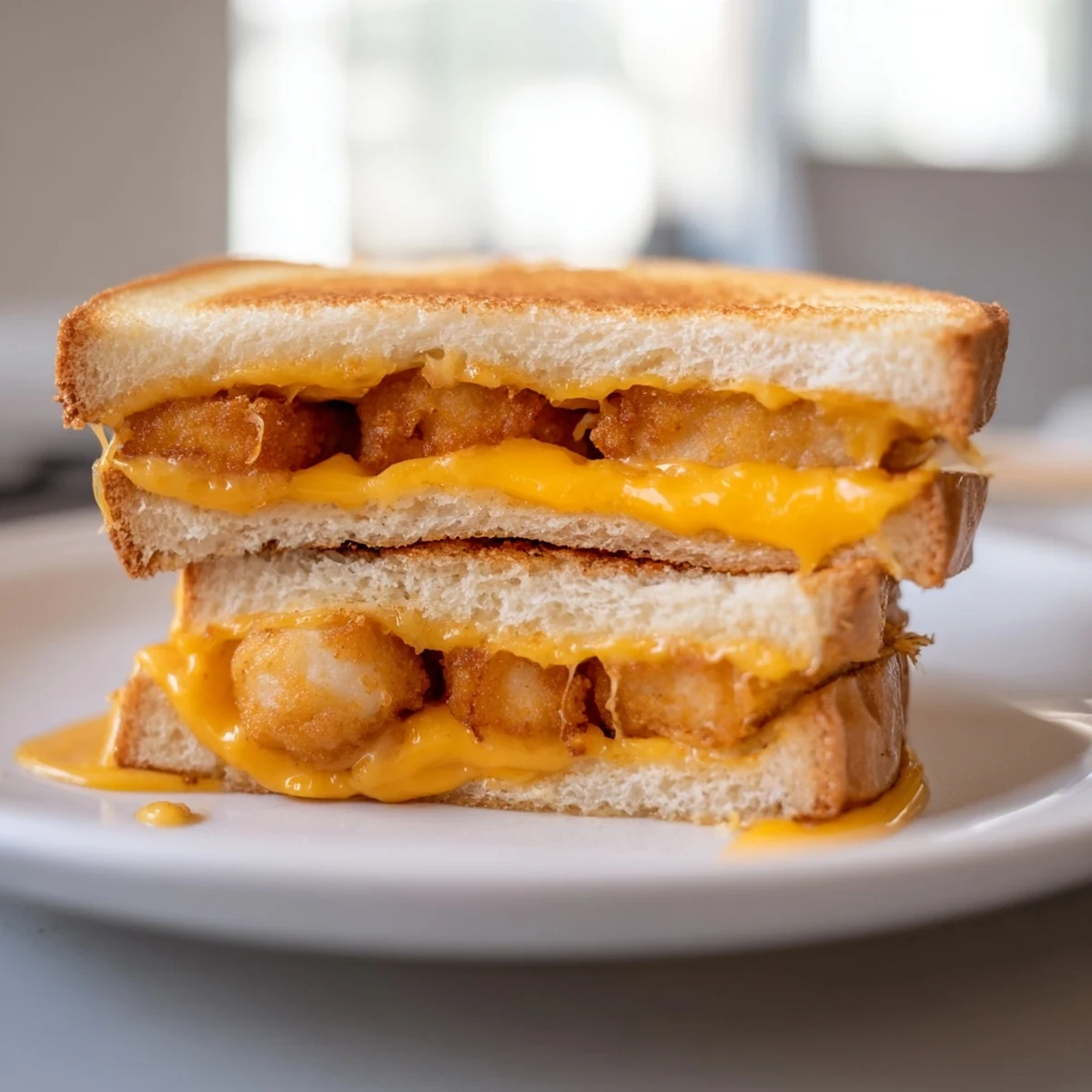 Golden-brown Chicken Nugget Grilled Cheese oozing with melted cheddar, a kid-friendly American classic.