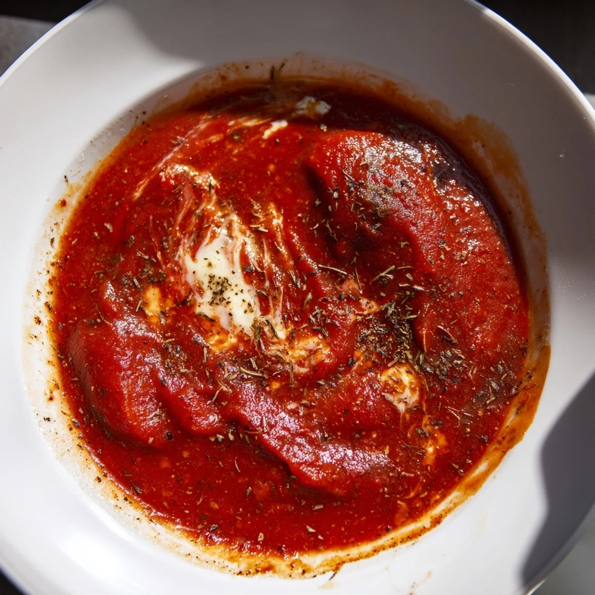 Instant Creamy Marinara Hack, swirled on pasta, showing rich red sauce with specks of herbs.