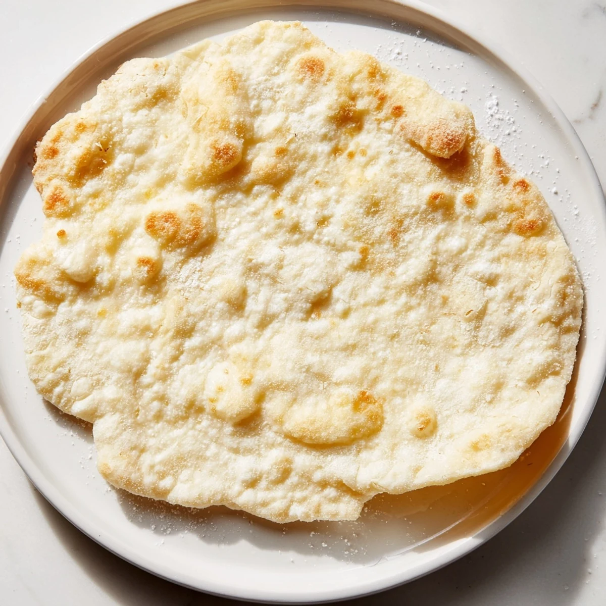 Freshly cooked cottage cheese flatbread with lightly browned bubbles and delicious, inviting aroma.