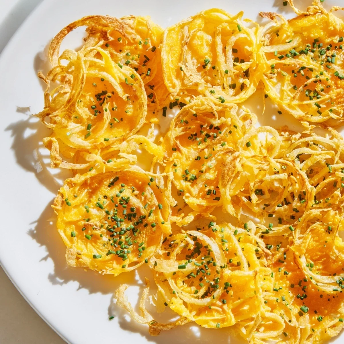 Golden, crispy onion cheese chips piled high, ready to enjoy as a flavorful, low-carb snack.
