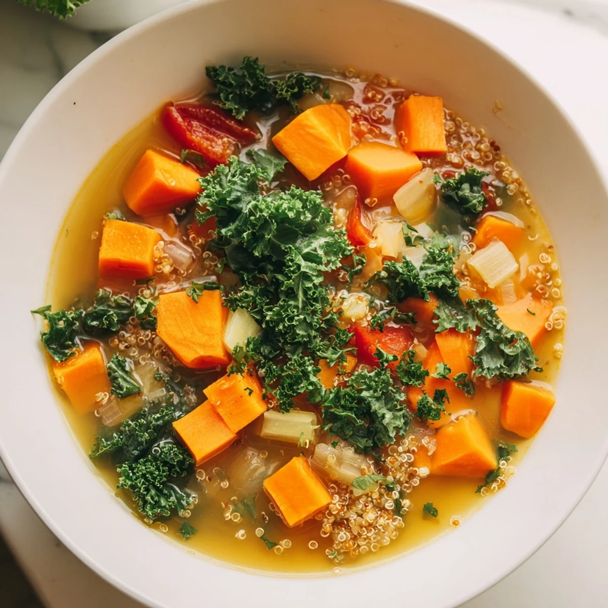 Steaming bowl of Nourishing Winter Veggie Soup, perfect for a cold day, garnished with fresh parsley.