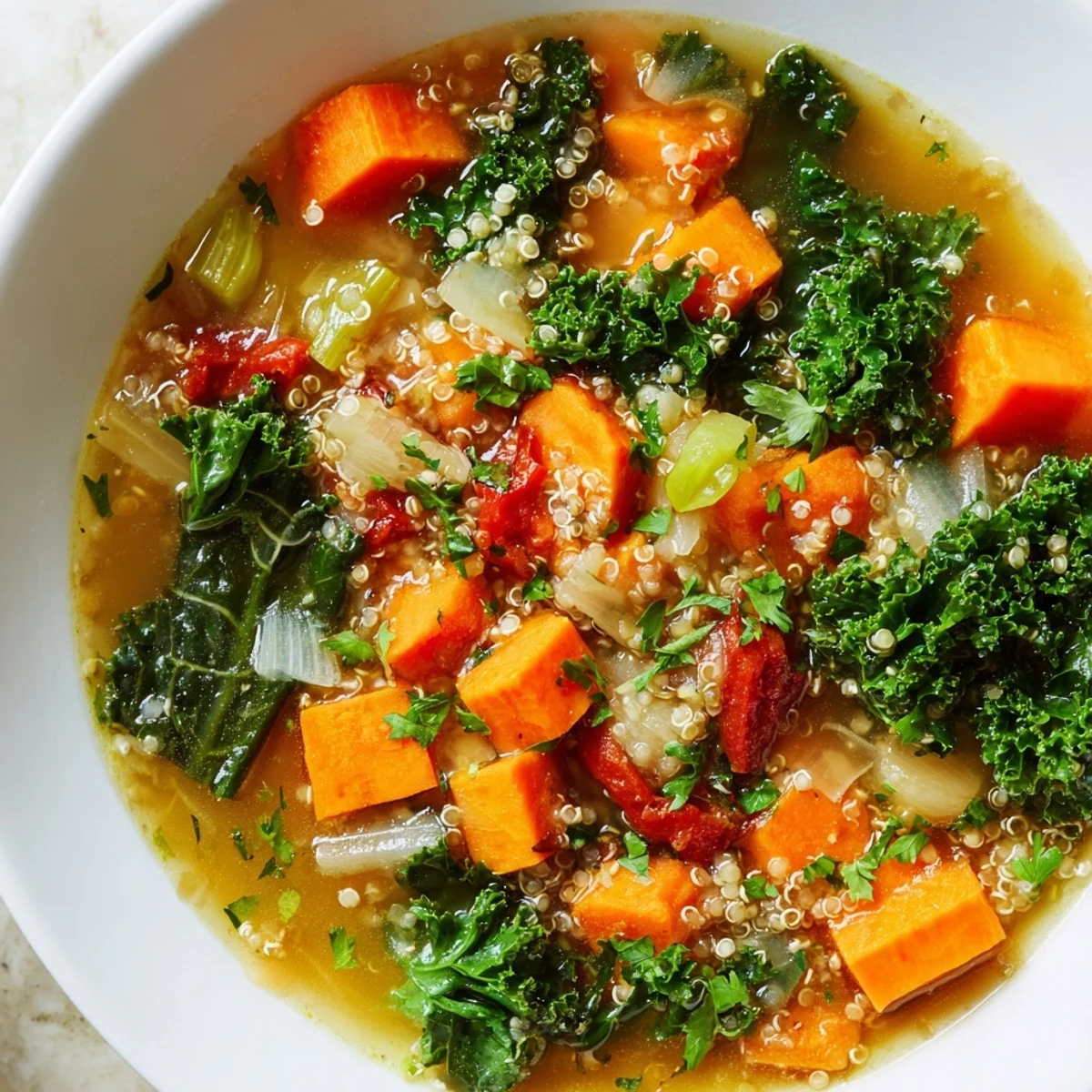 Vibrant photo showing hearty Nourishing Winter Veggie Soup, with quinoa and colorful vegetables simmering.
