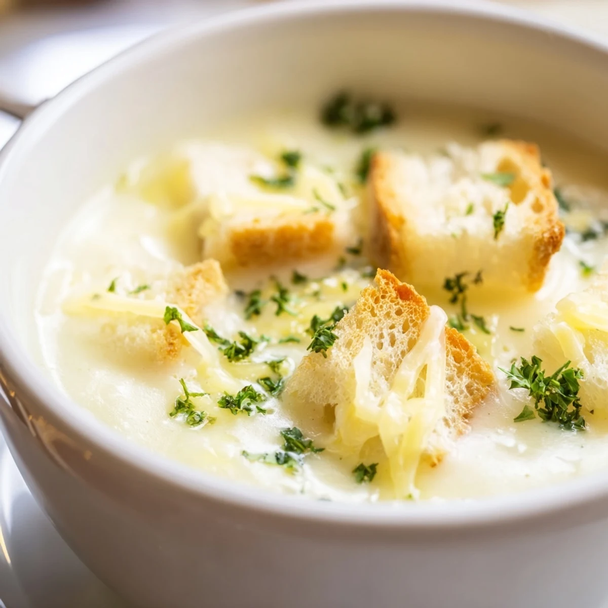 Spoonful of rich Creamy Garlic Bread Soup, swirled with parmesan, offering a warm and cheesy aroma.