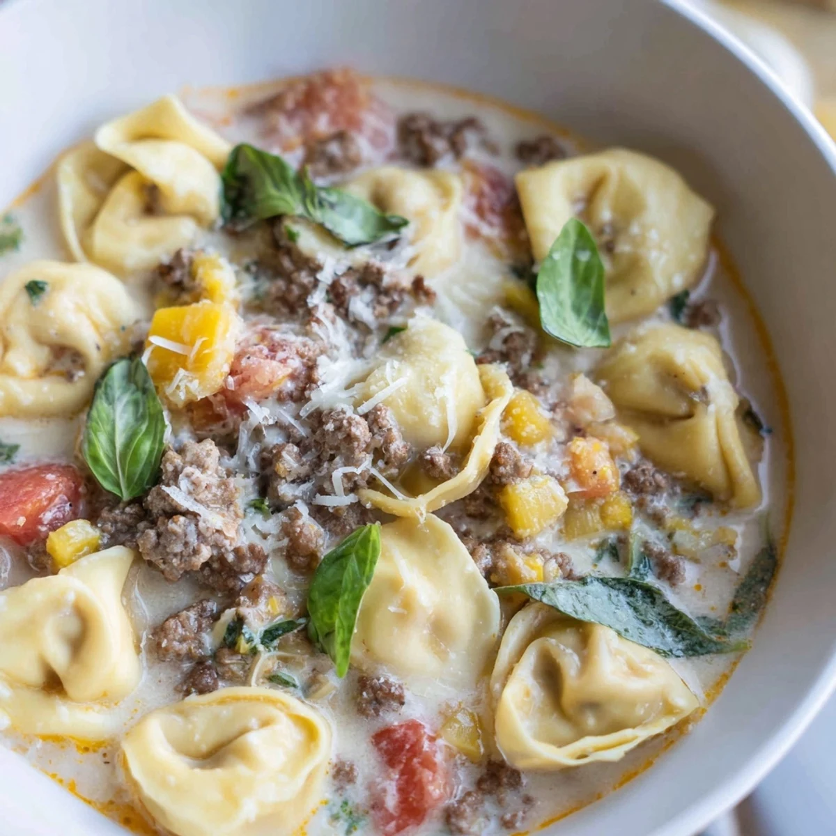 Steaming bowl of Tortellini Beef Soup, brimming with tender tortellini and a creamy tomato broth.