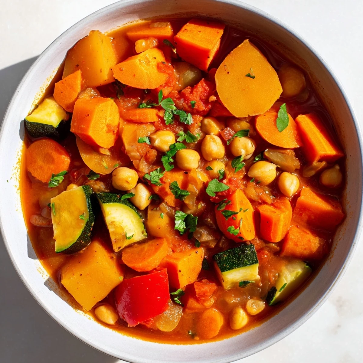 A steaming bowl of Hearty Vegan Sweet Potato Stew, full of vibrant vegetables and savory broth.