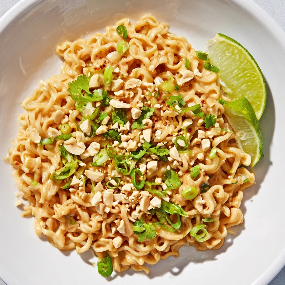 Steaming hot Instant Peanut Thai Sauce Noodles, coated in a glistening, flavorful peanut sauce, ready to eat.
