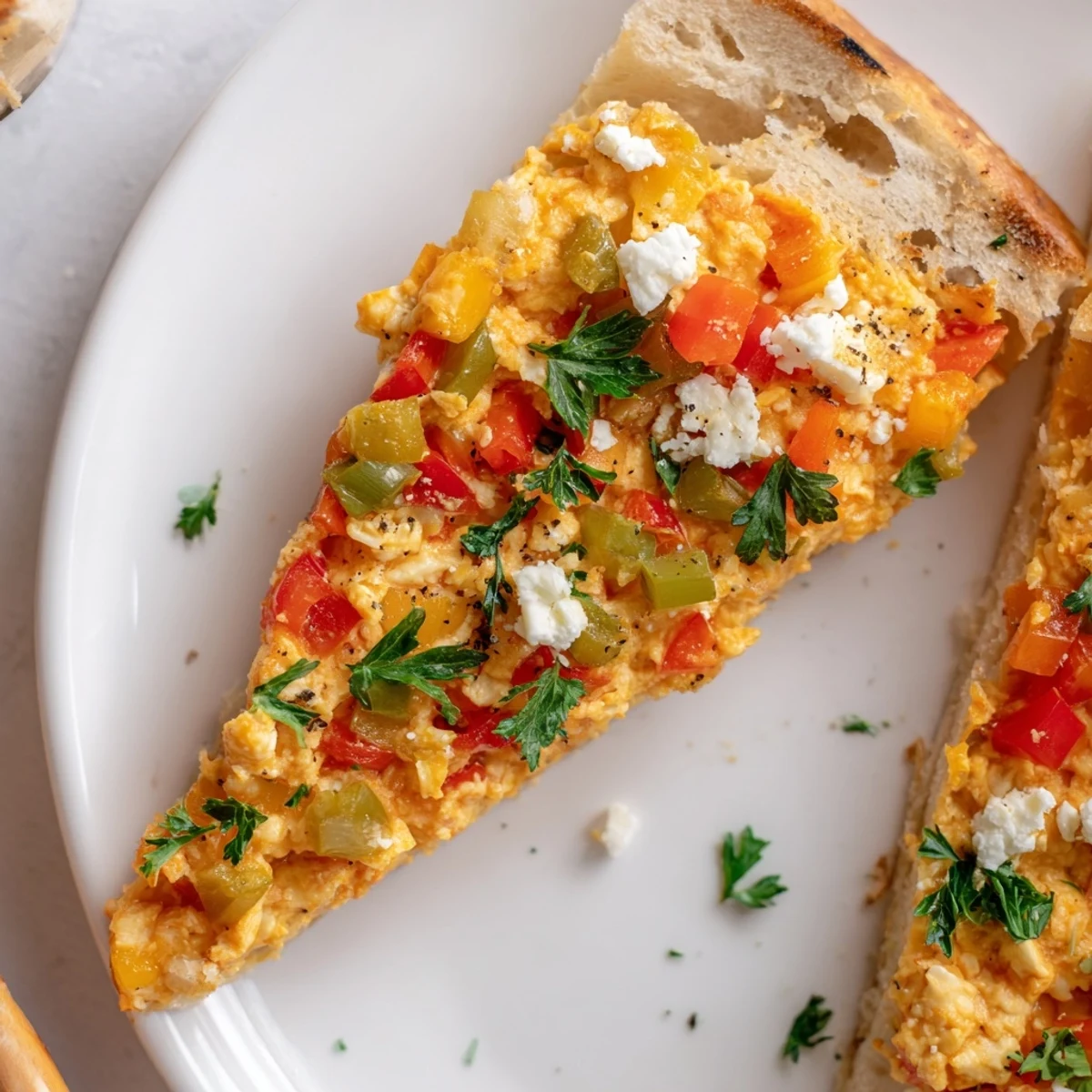 Golden Turkish Menemen Eggs Pizza topped with crumbled feta, ready to slice and enjoy.