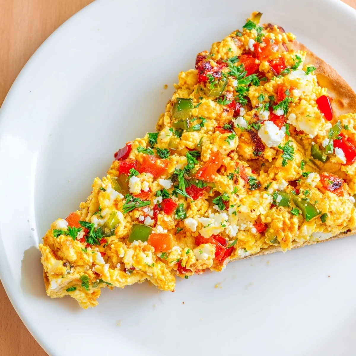 Savory Turkish Menemen Eggs Pizza with a crispy crust, served hot and garnished with fresh parsley.