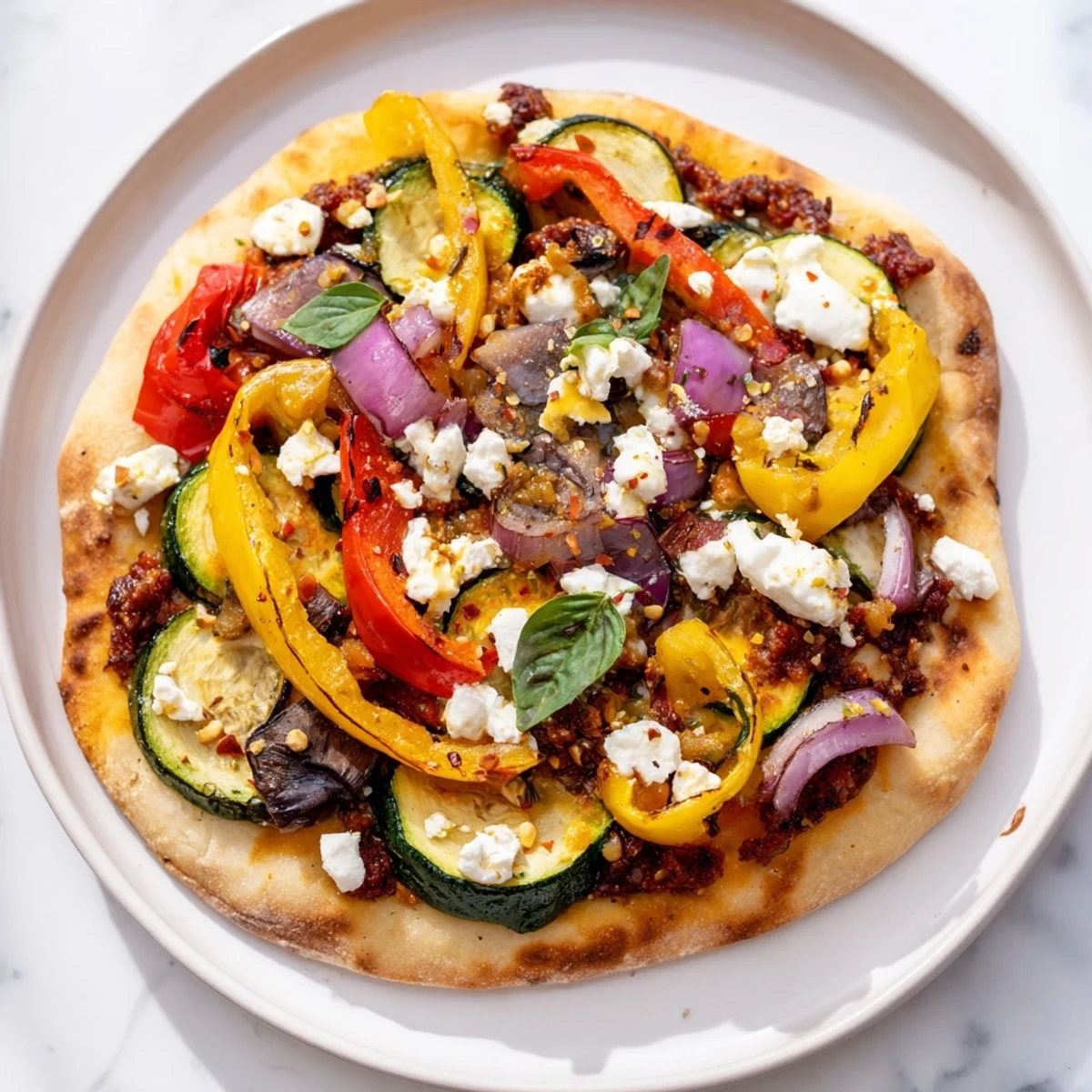 Crispy naan bread pizza topped with vibrant roasted vegetables and creamy feta cheese.