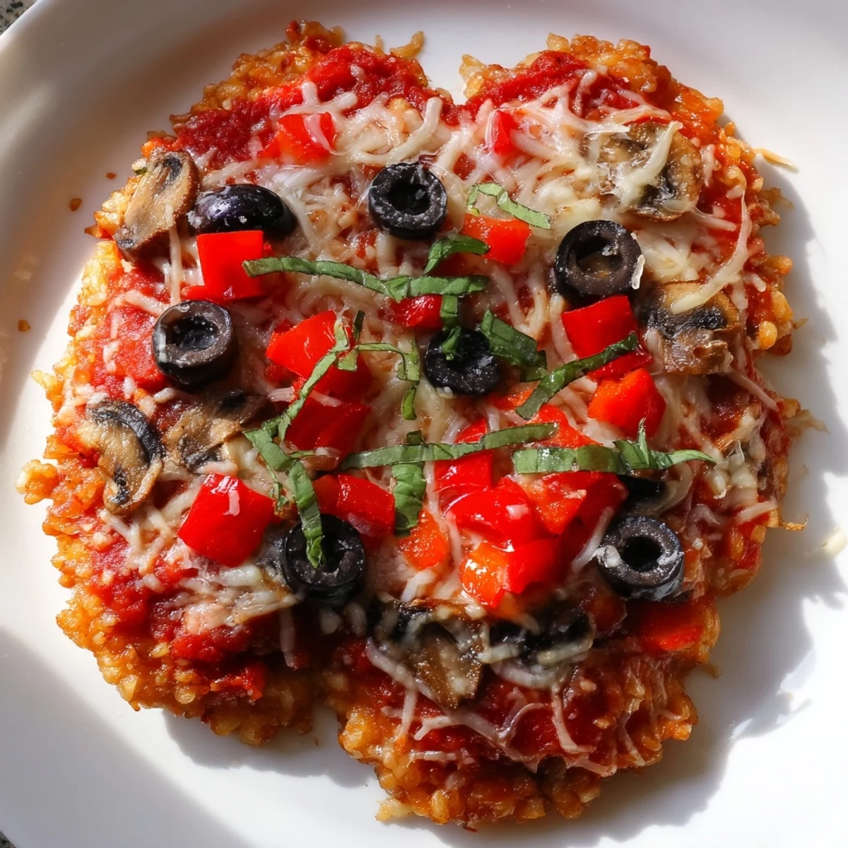 A close-up of cheesy, savory Rice Cake Pizza Squares, ready to be devoured as a quick, gluten-free snack.