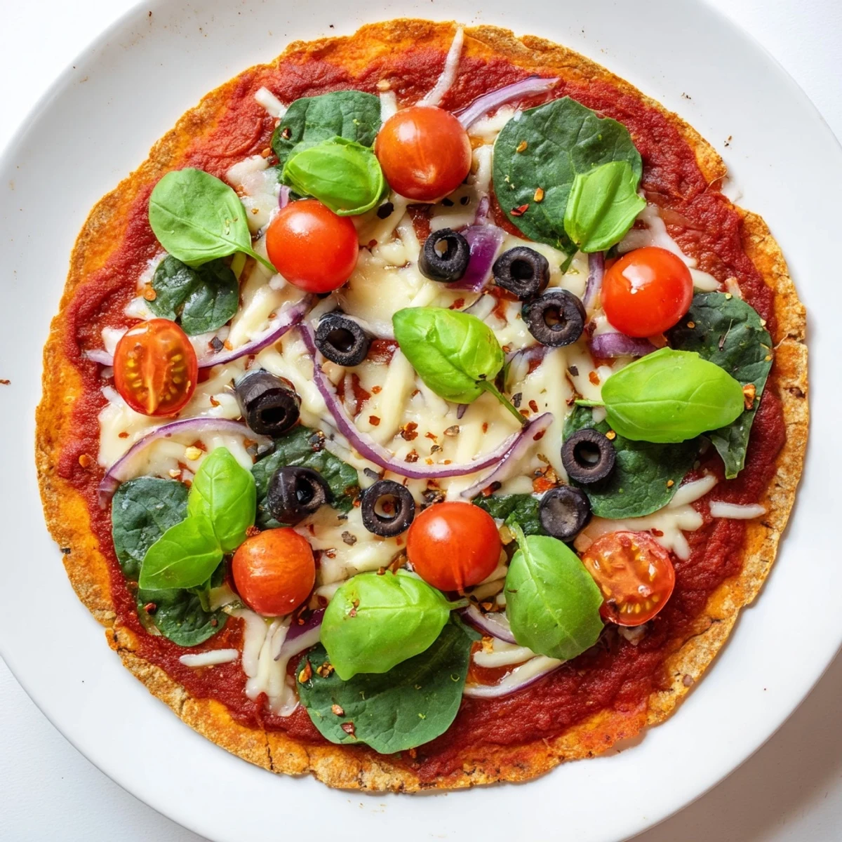 Crispy Tortilla Pizza with melted cheese, juicy toppings and a perfectly golden crust.