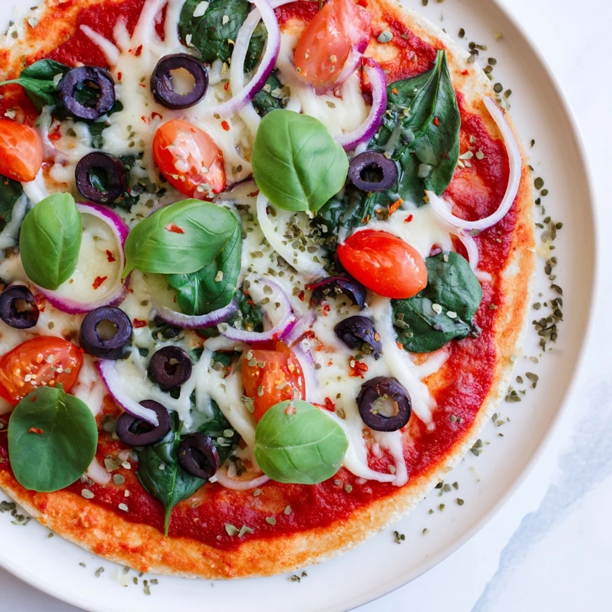 Freshly baked Crispy Tortilla Pizza with vibrant tomatoes and bubbling mozzarella, ready to serve.