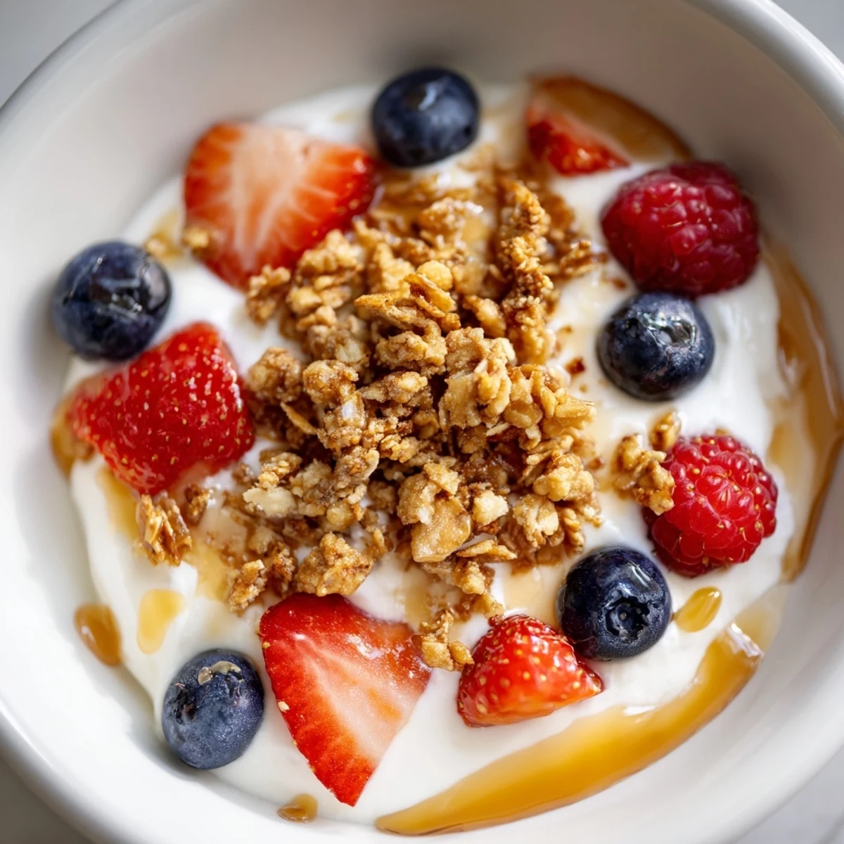 Cottage Cheese Hot Honey Bowl: a delightful view of creamy cottage cheese with hot honey and berries, ready to eat.