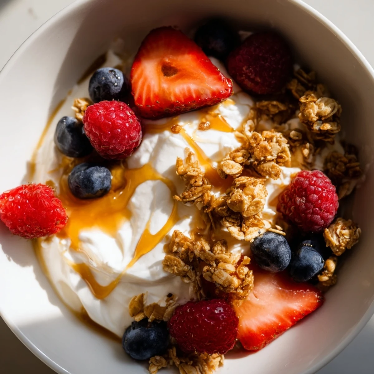 Sweet and spicy flavors combine in this Cottage Cheese Hot Honey Bowl, topped with vibrant berries and crunchy granola.
