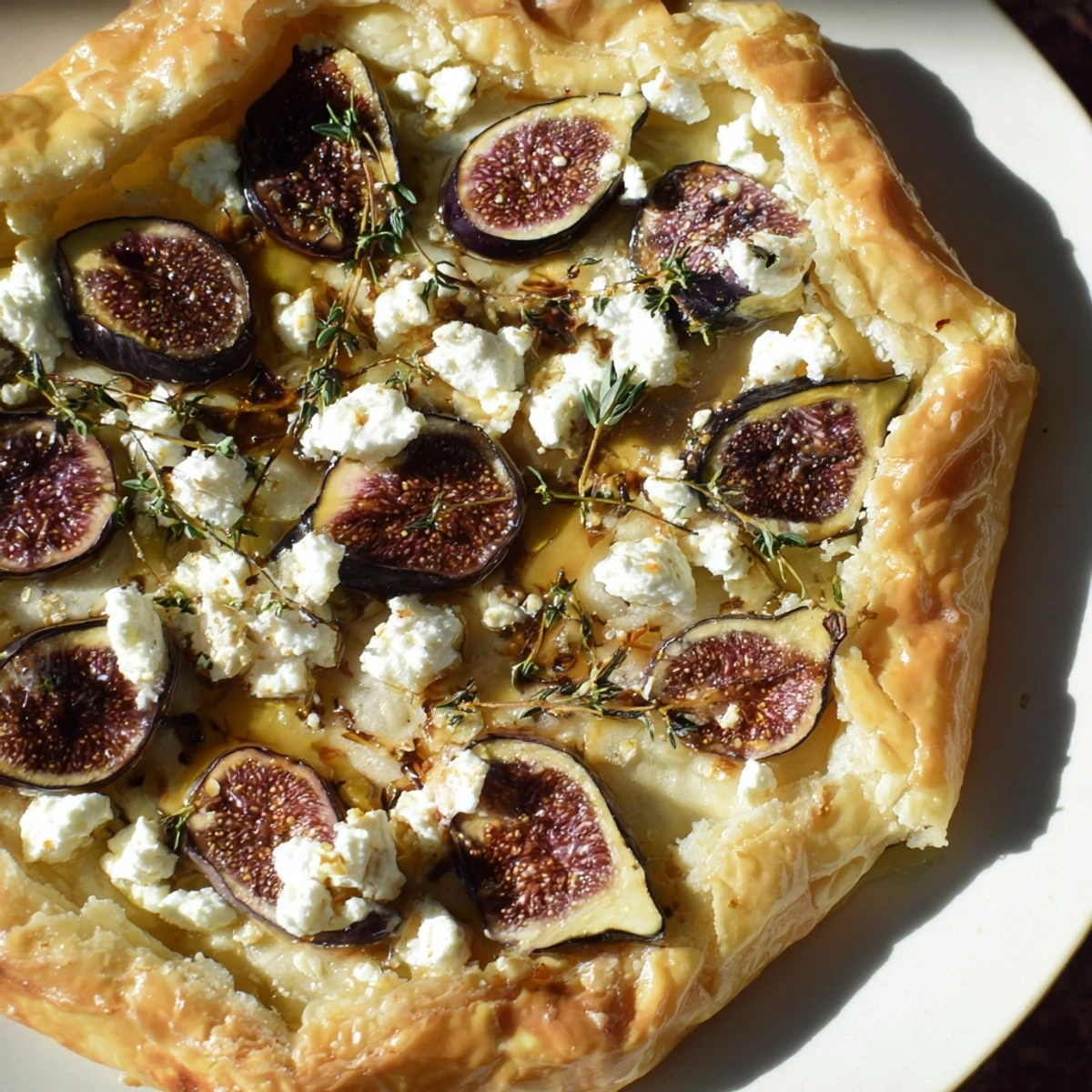 Golden, bubbly puff pastry truffle pizza showcasing figs and goat cheese, ready to savor.