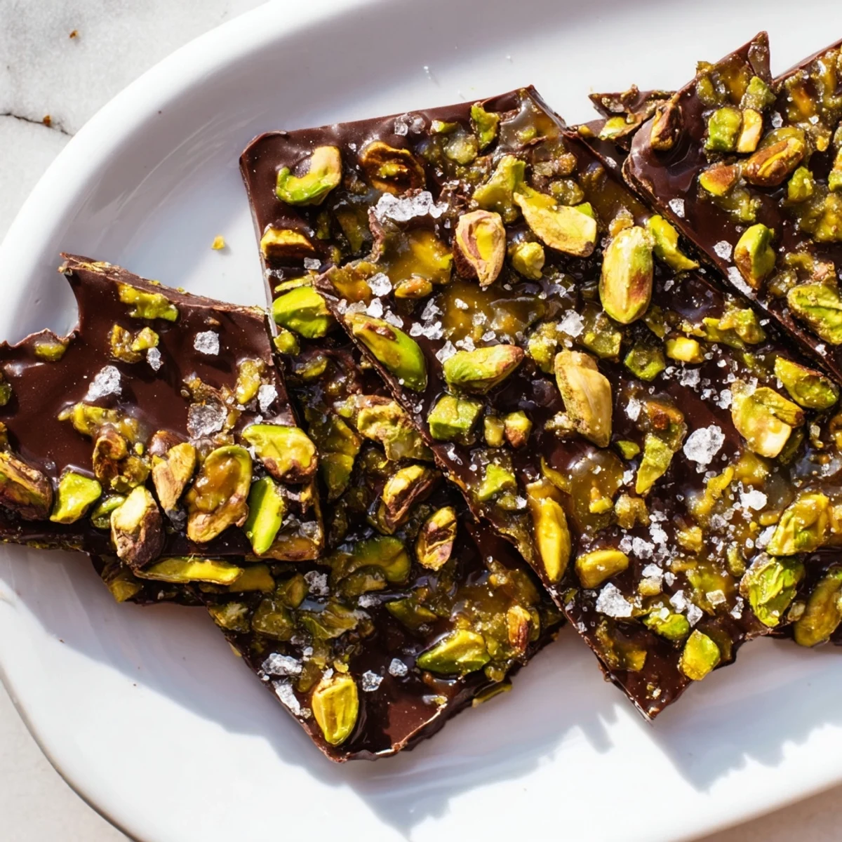 Rich, decadent pistachio salted caramel bark boasting a vibrant green pistachio topping atop glossy caramel.