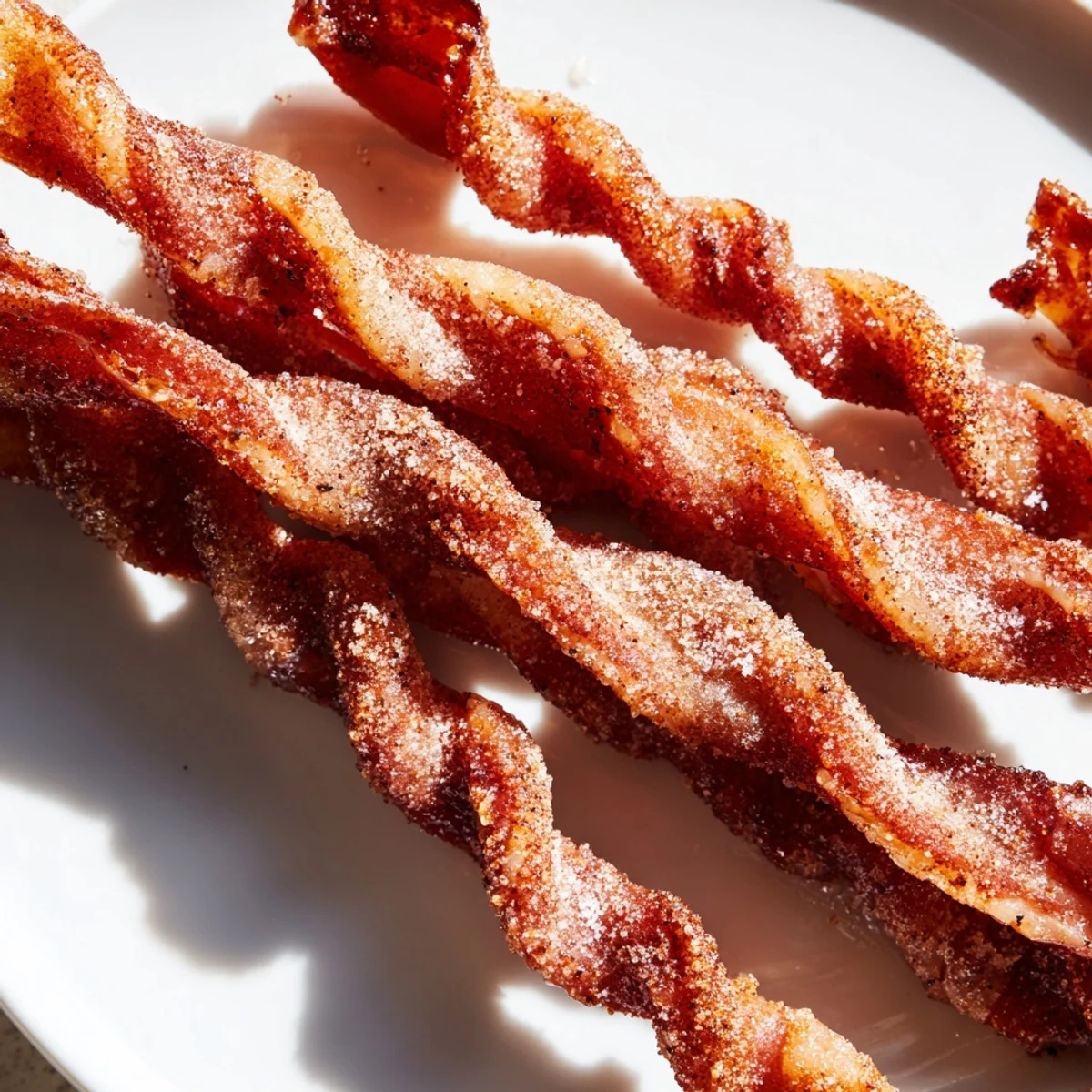 Golden Spiced Bacon Twists glistening with a cinnamon-sugar glaze, arranged on a wire rack over a baking sheet, perfect for brunch appetizers.