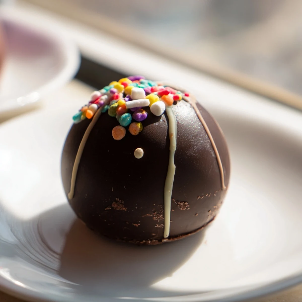 A half dozen decorated hot chocolate bombs on a platter, filled with cocoa and marshmallows, perfect for gifting or holiday parties.