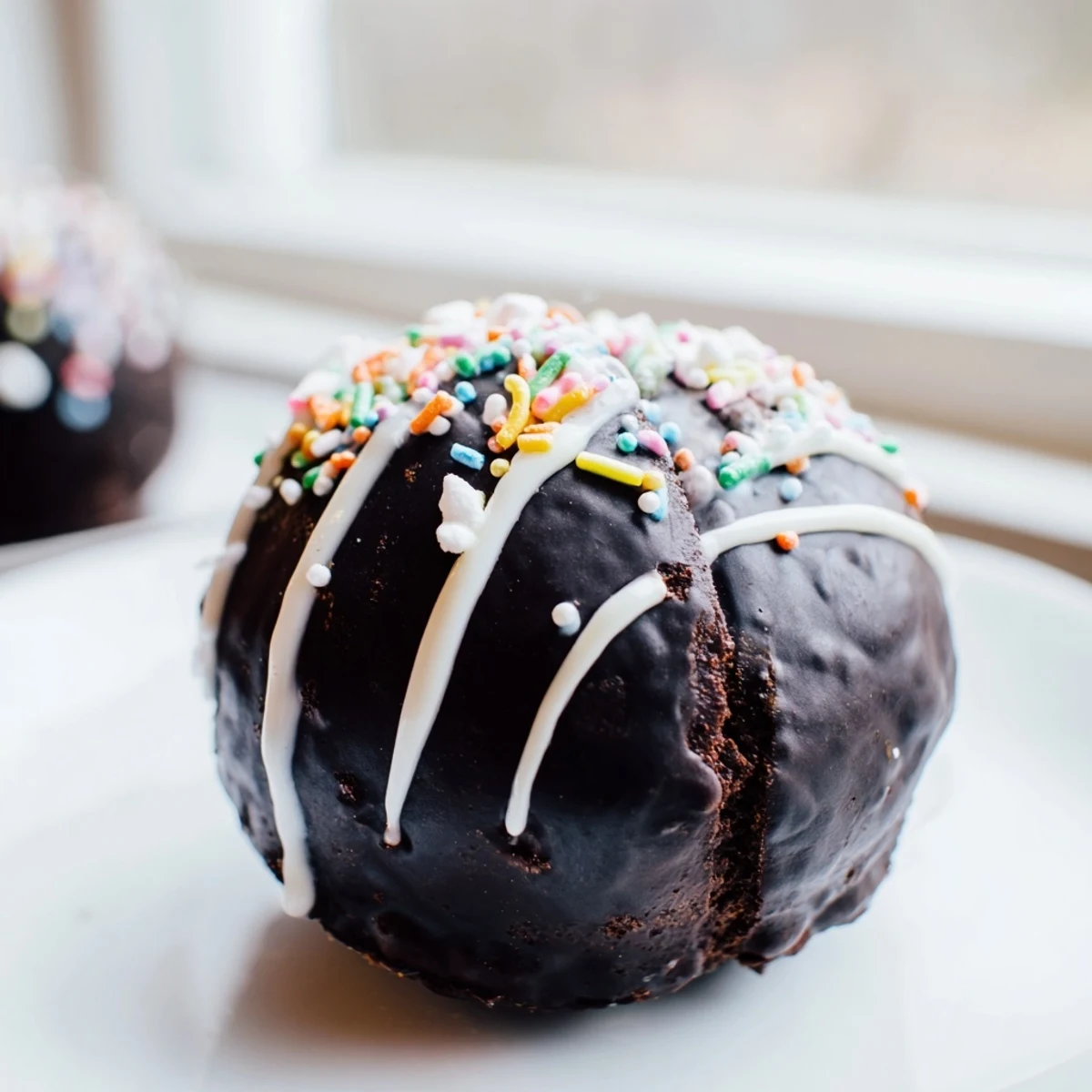 A melting hot chocolate bomb dissolves into creamy milk, creating a decadent and indulgent American-style hot cocoa drink.