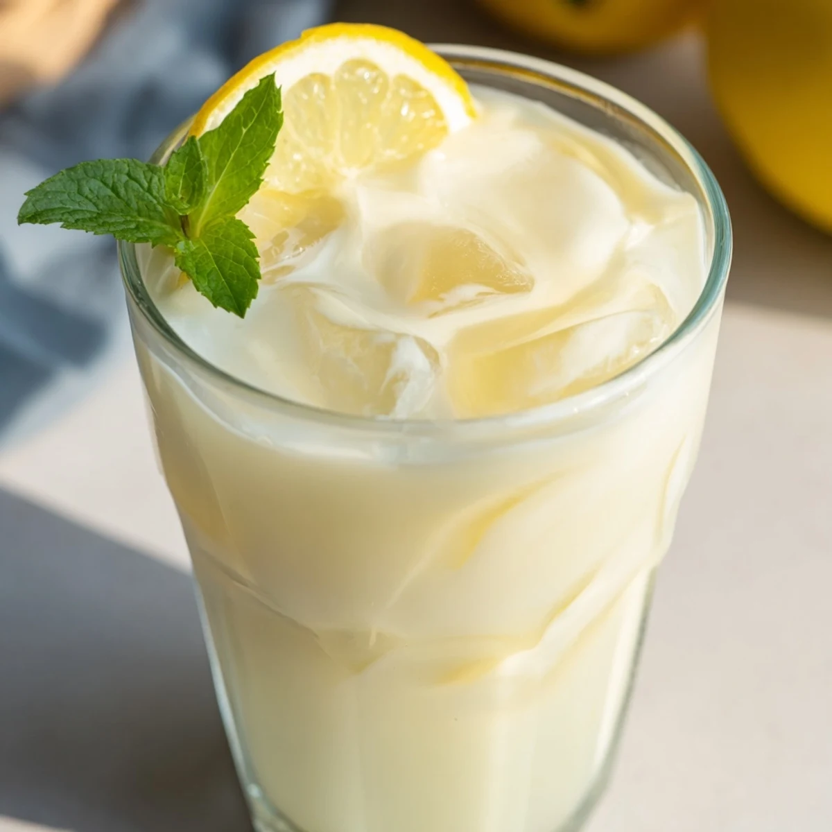 Creamy Lemonade Drink in a clear pitcher being poured over ice, showing its smooth, frothy texture and bright citrus color.