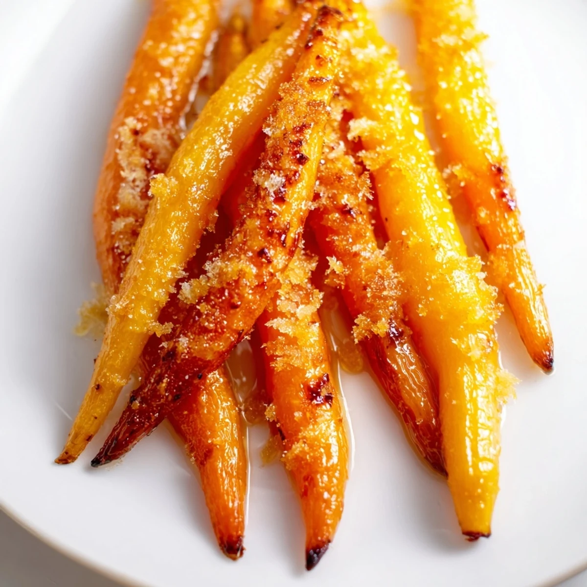 Tender baby carrots coated in savory Parmesan and honey, roasted to crisp perfection on a baking sheet.