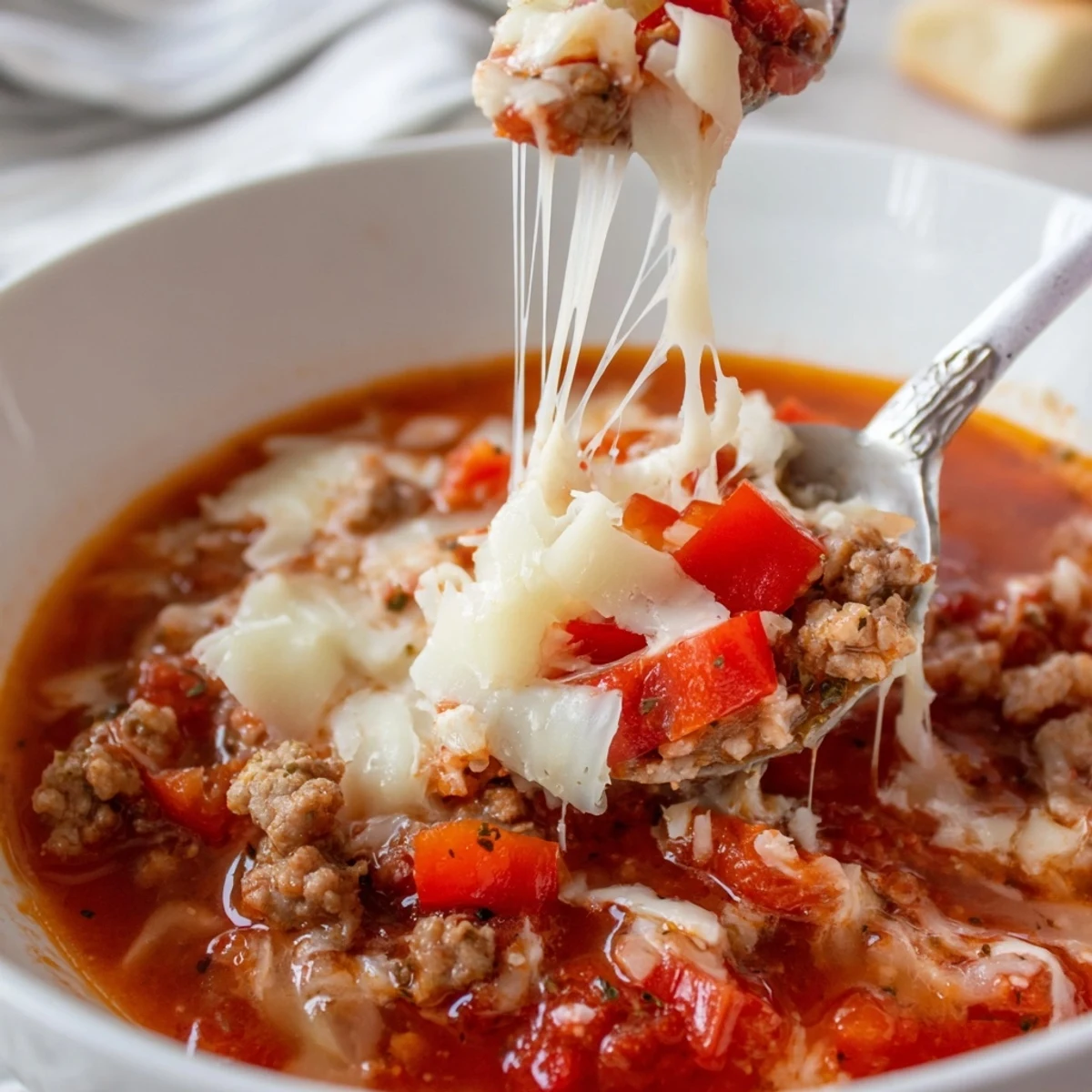 A steaming bowl of Pizza Soup topped with melted mozzarella and fresh basil garnish.  