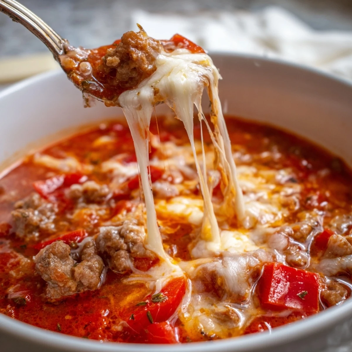 Pizza Soup served in a rustic bowl alongside crusty bread for dipping.
