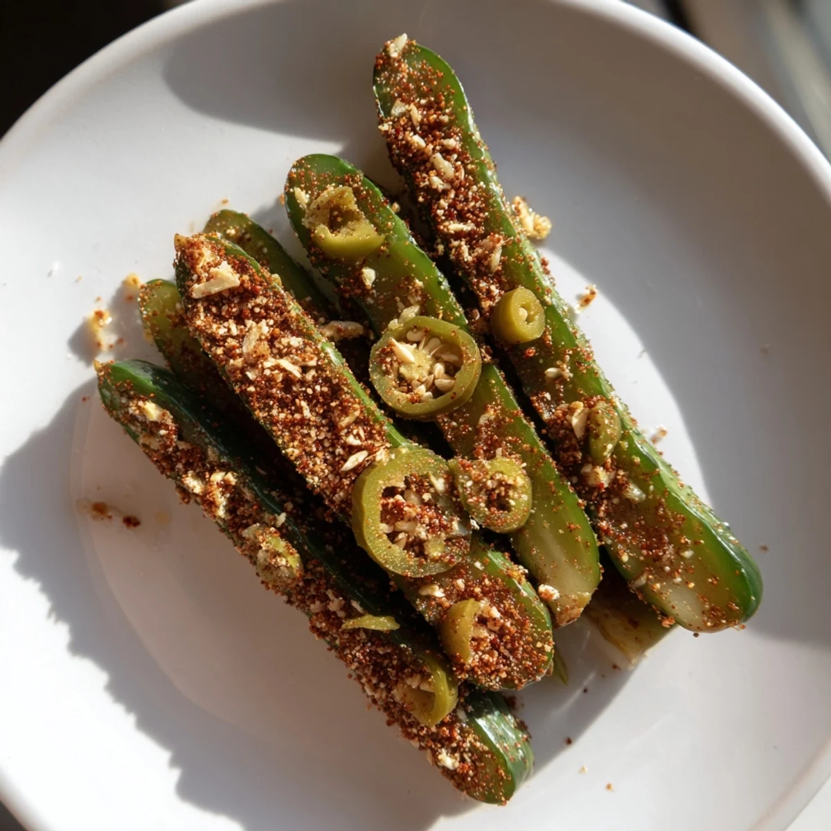 Crunchy dill Taco Pickles with red pepper flakes and garlic infusing the brine, shown ready to serve.