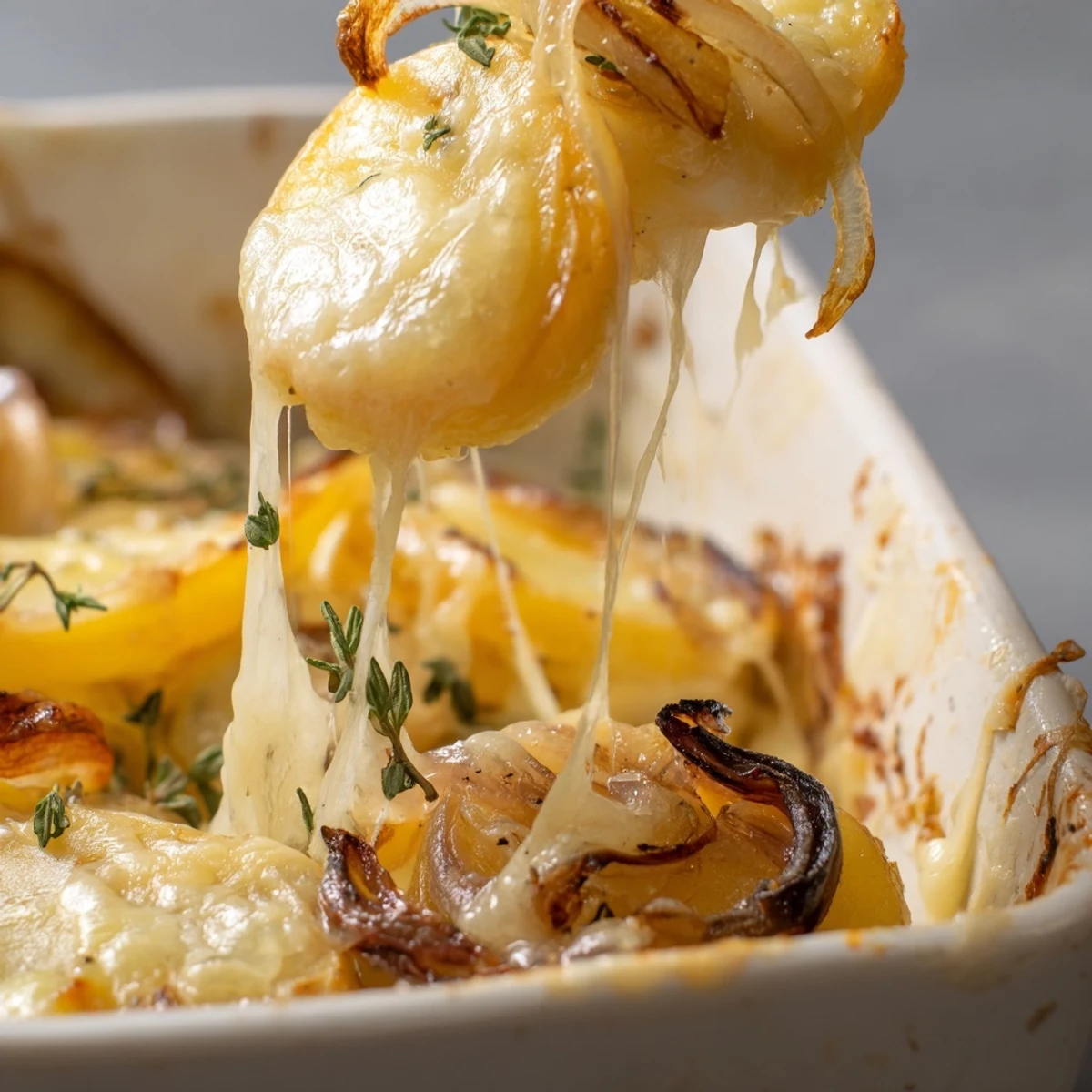 Oven-roasted potato slices layered with sweet, deeply caramelized onions and melted Gruyère cheese, inspired by classic French onion soup.  
