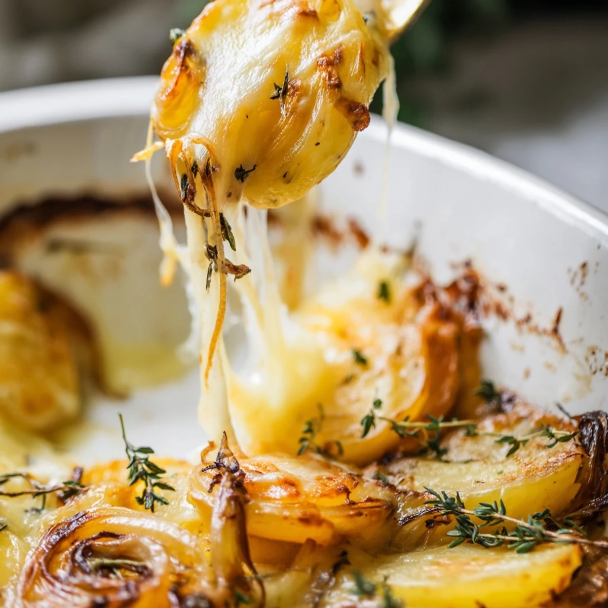 Thin Yukon Gold potatoes roasted with thyme and buttery onions, finished with a bubbly golden cheese crust for a rich vegetarian treat.