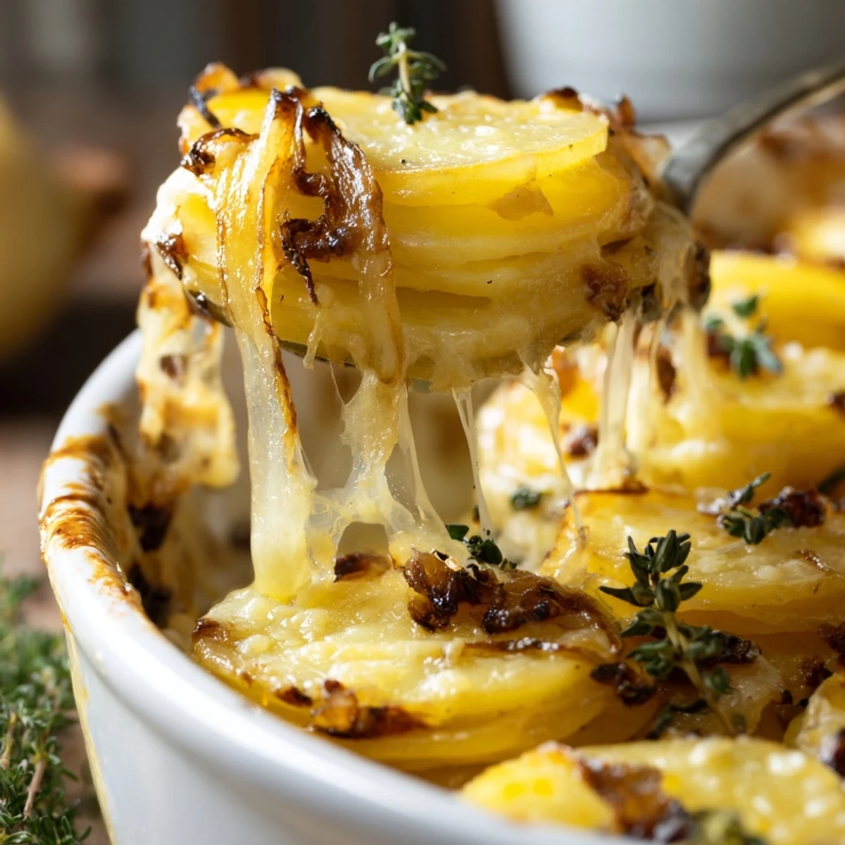 Golden baked potatoes topped with bubbling Gruyère and fragrant caramelized onions, served warm from the oven as a comforting side dish.  
