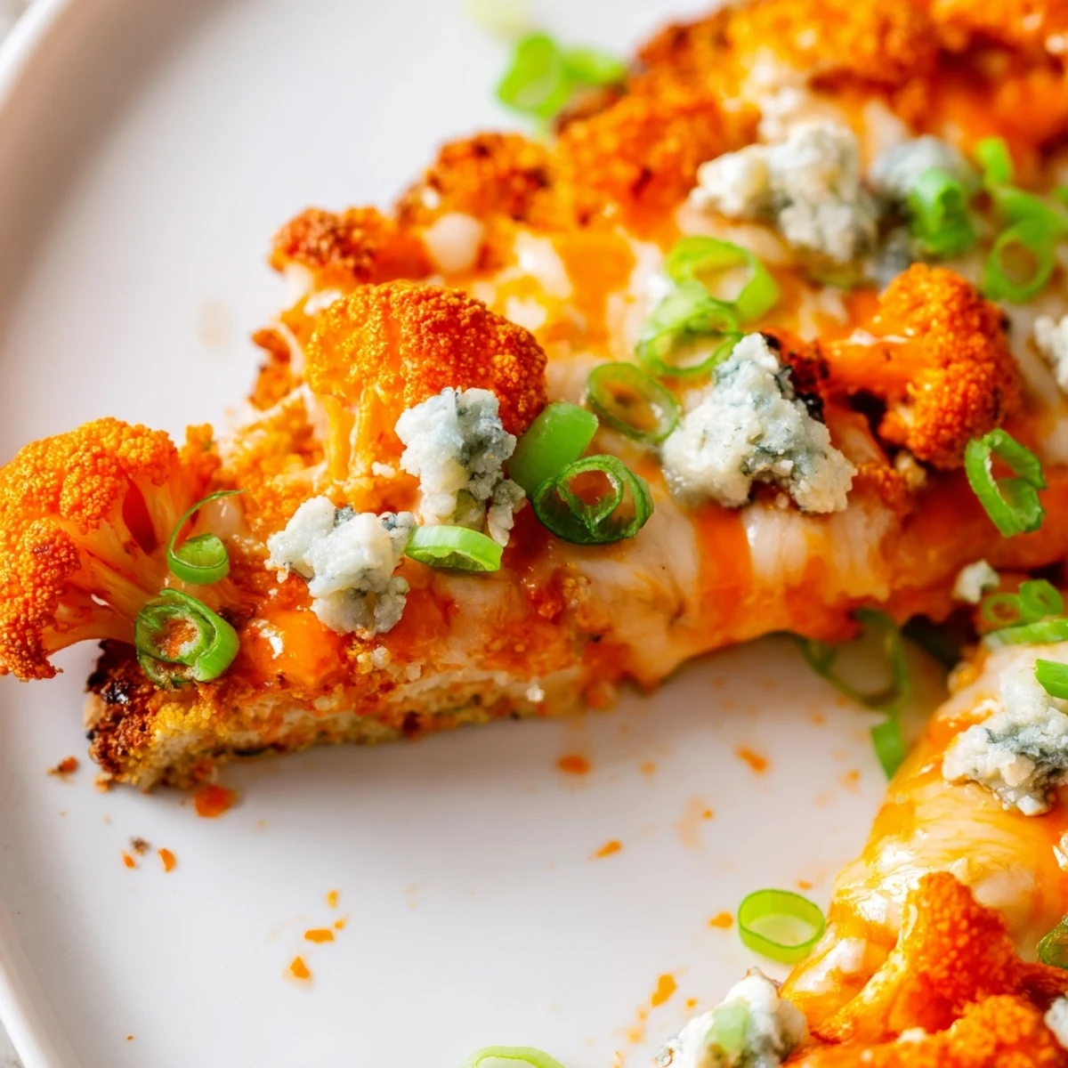 A close-up of Buffalo Cauliflower Pizza with melted mozzarella, spicy red sauce, and fresh green onions on a crispy cauliflower crust.  