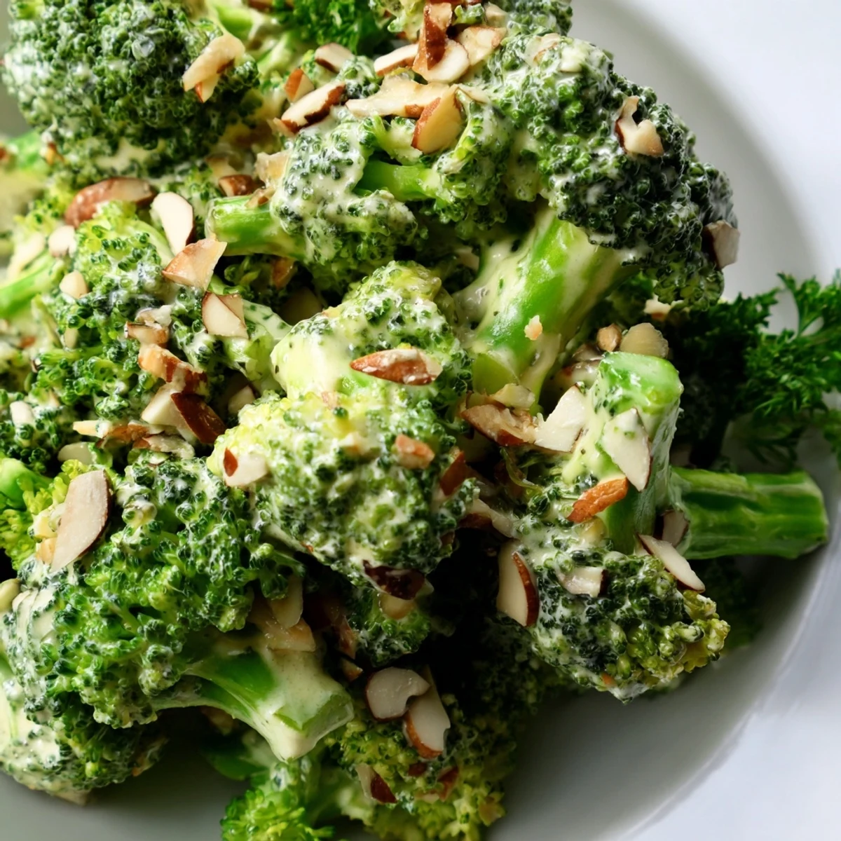 Garlic Parmesan Broccoli Salad served chilled with toasted almonds, cherry tomatoes, and a rich, tangy Parmesan garlic dressing.