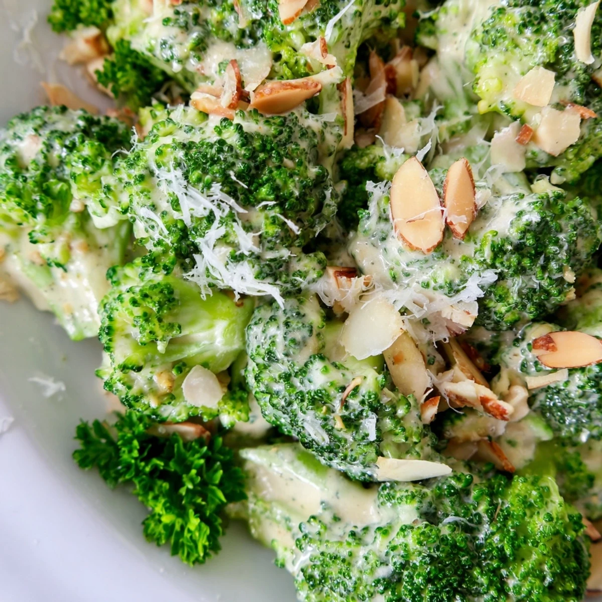 Vibrant bowl of Garlic Parmesan Broccoli Salad featuring bright green florets, diced red onion, and a sprinkle of fresh parsley.