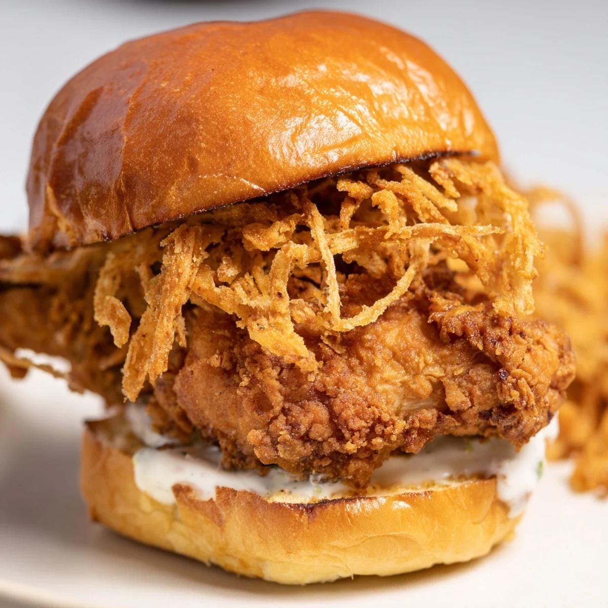 A close-up of a Crispy Onion Chicken Sandwich on a brioche bun, stacked with golden fried chicken and crunchy fried onions.