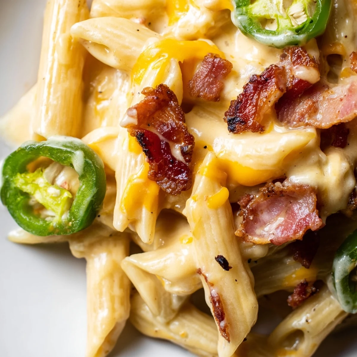Steaming bowl of creamy Jalapeño Popper Pasta topped with crispy bacon, roasted jalapeños, and fresh chives.