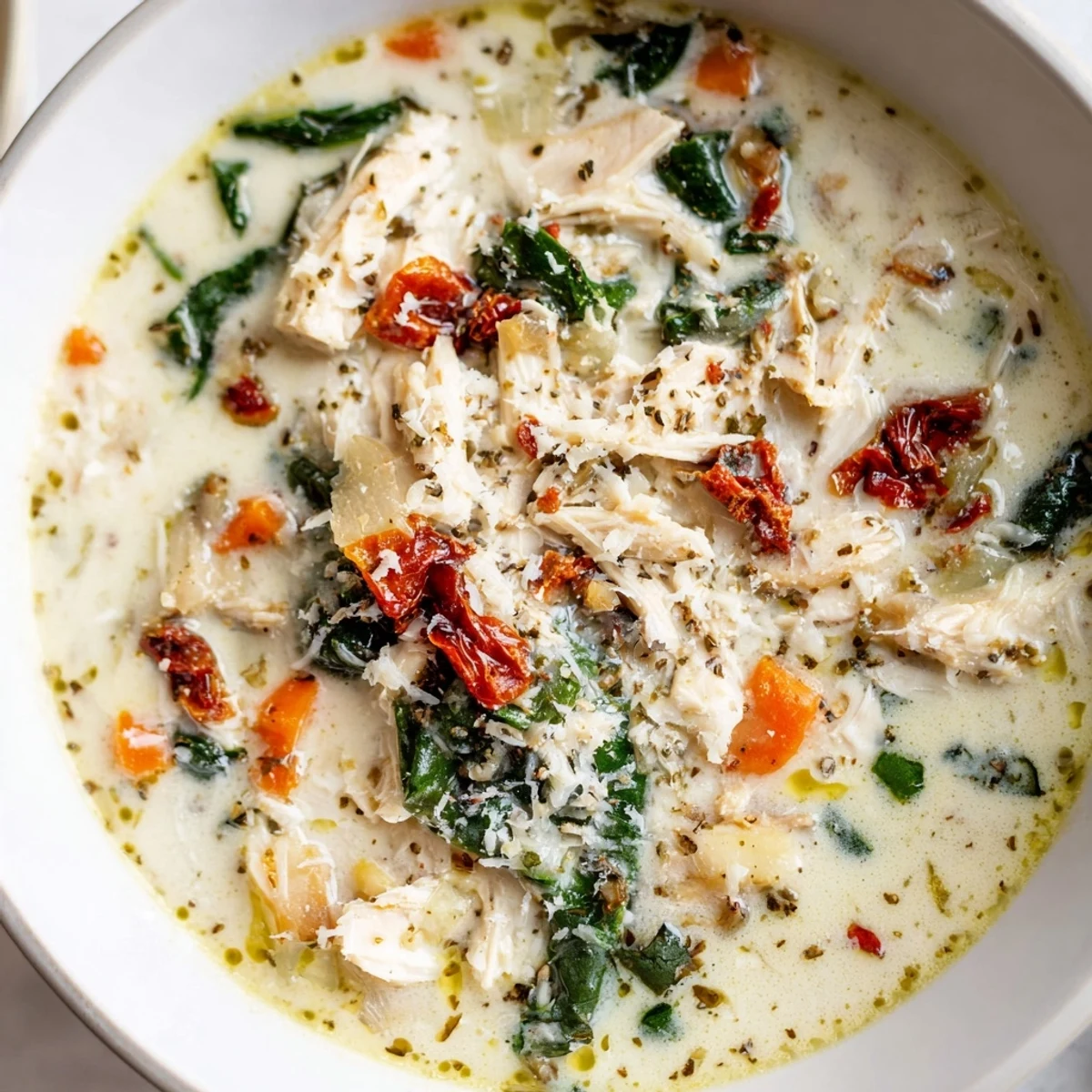 Creamy Tuscan Chicken Soup features tender shredded chicken, spinach, and sun-dried tomatoes in a velvety, herb-infused broth.