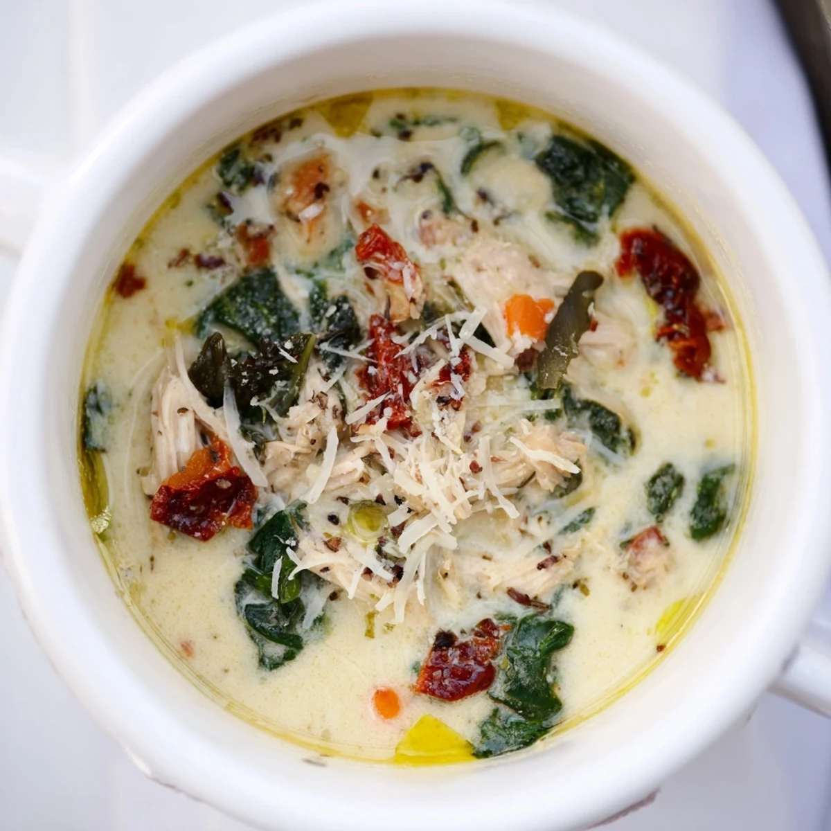 A bowl of Creamy Tuscan Chicken Soup with wilted spinach and sun-dried tomatoes, perfect with crusty bread.