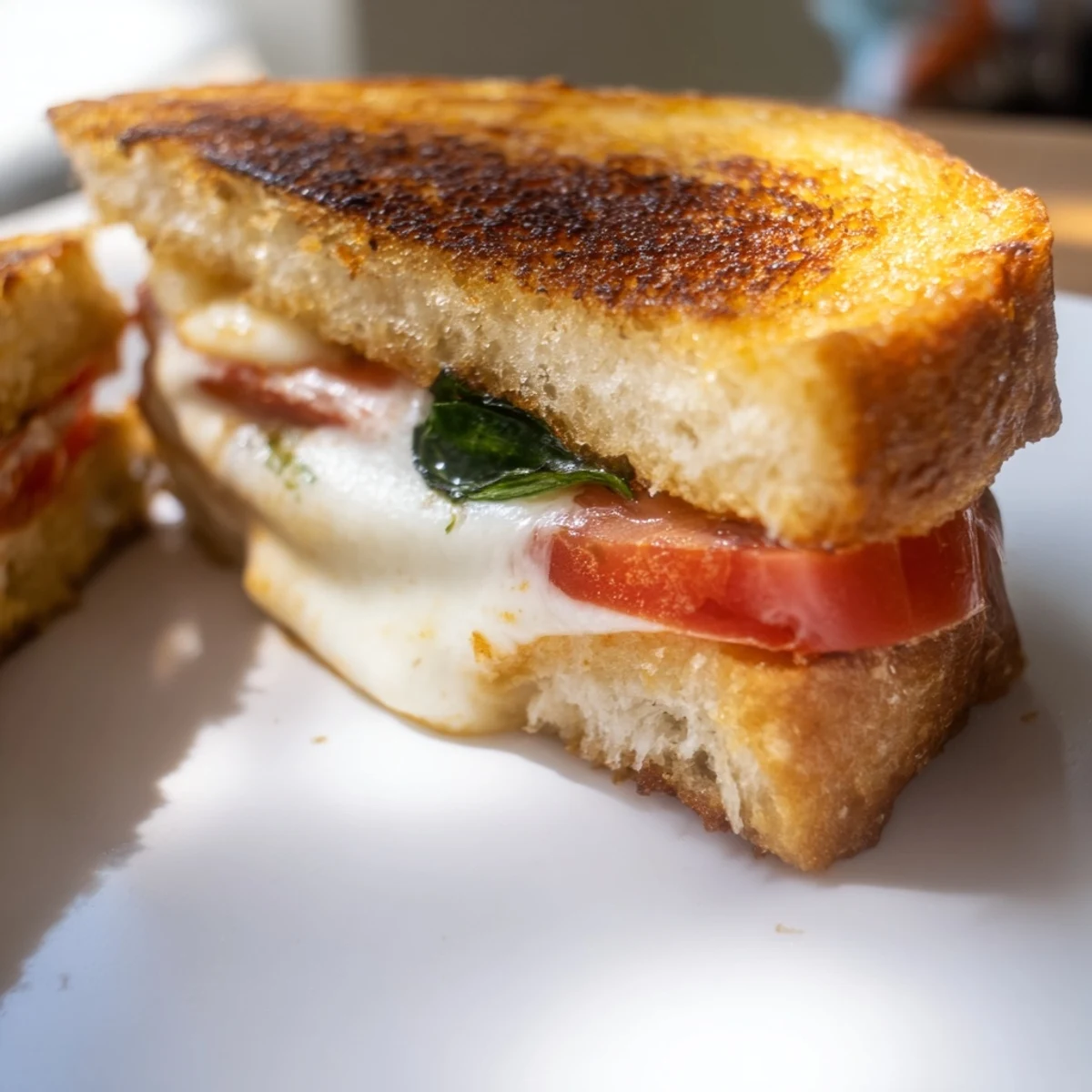 Steaming Tomato Basil Grilled Cheese on a cutting board, ready to be served, highlighting its gooey cheese and vibrant basil leaves.