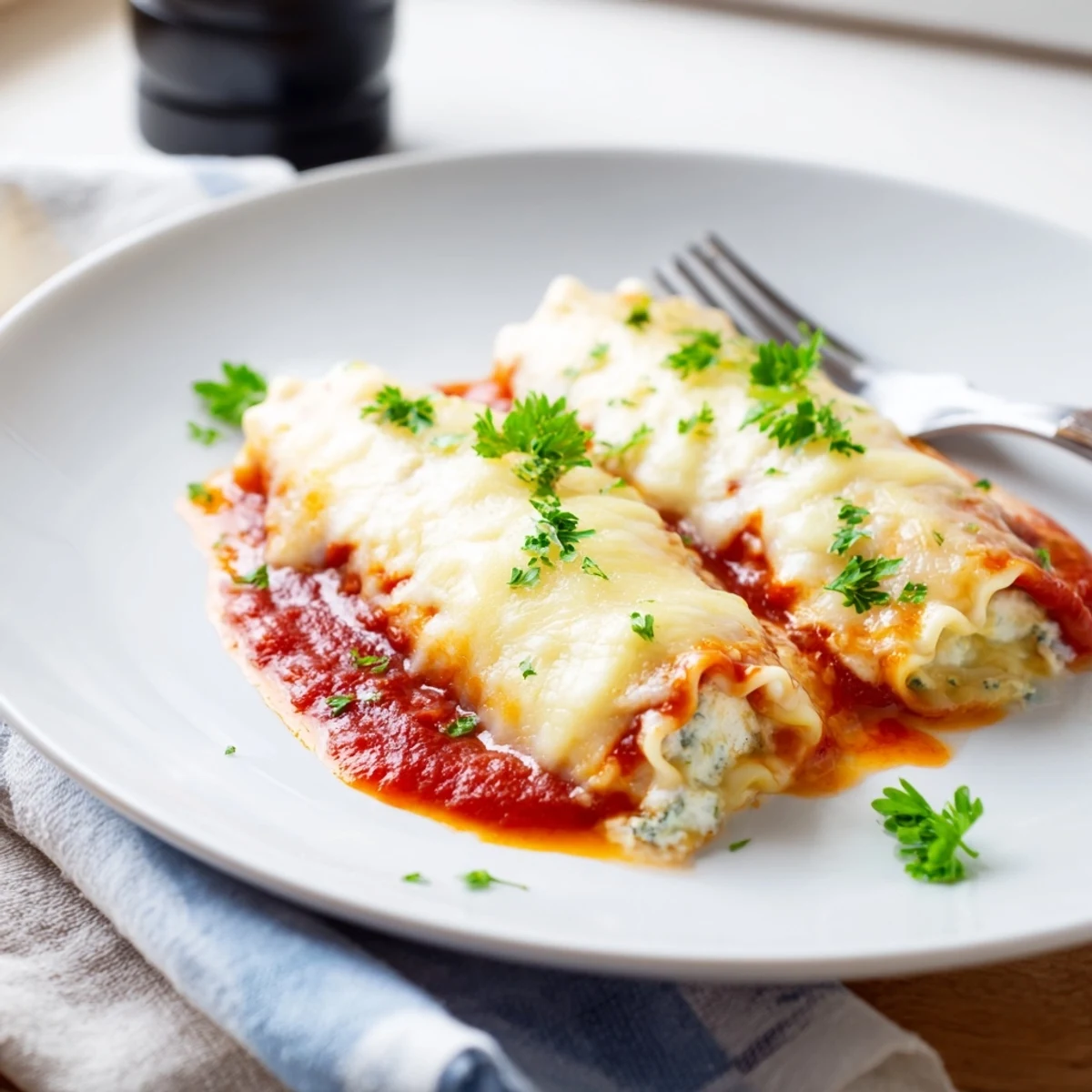 Golden-brown Chicken and Spinach Lasagna Rolls rest in a baking dish, bubbling with melted mozzarella and rich marinara sauce.