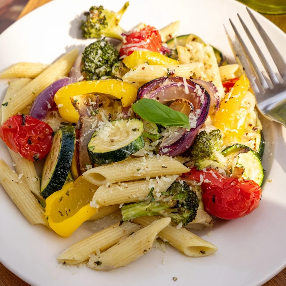 Roasted seasonal vegetables and al dente pasta tossed with garlic and olive oil, finished with Parmesan in this vibrant Pasta Primavera.  