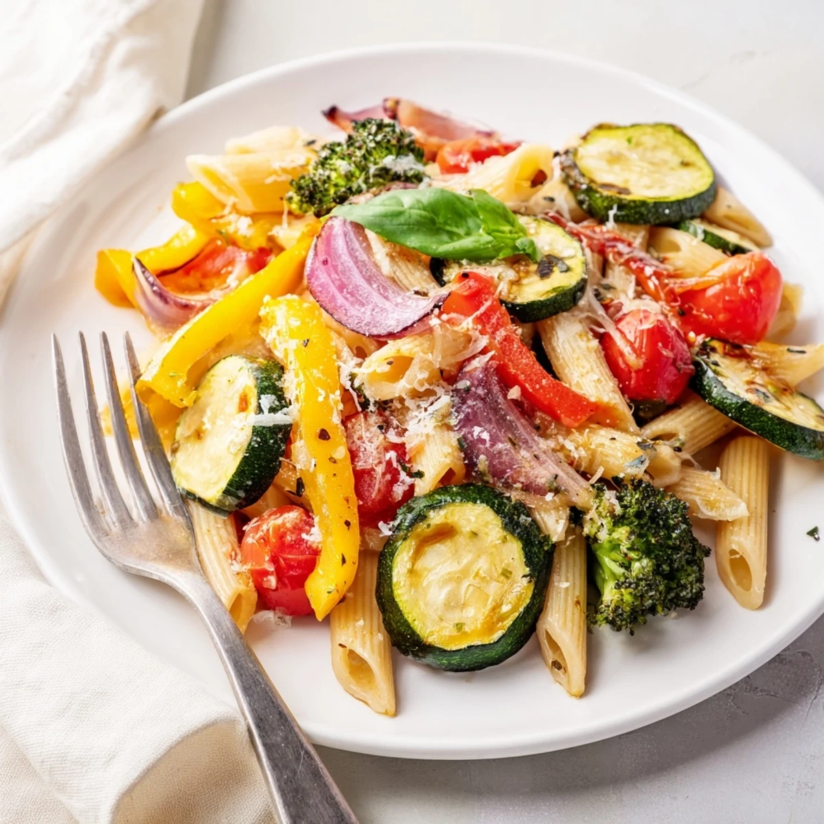 Pasta Primavera served warm with colorful roasted zucchini, bell peppers, and broccoli, garnished with fresh basil and a sprinkle of Parmesan.  