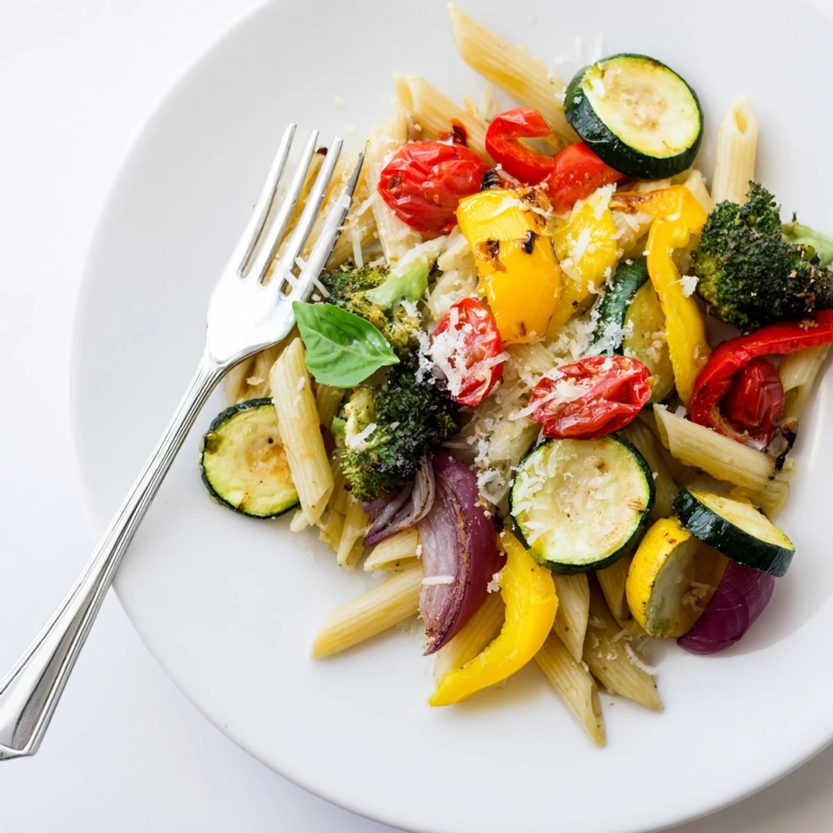 A skillet of golden Pasta Primavera with tender vegetables and garlic, ready to serve with lemon wedges for a bright finish.