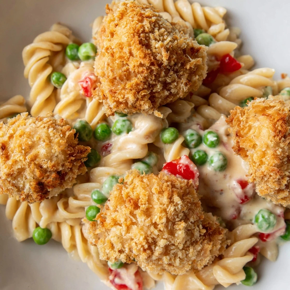 A close-up of Crispy Chicken Ranch Pasta Salad, featuring golden-brown chicken bites nestled among rotini pasta, vibrant peas, and diced red bell pepper in a creamy ranch dressing.