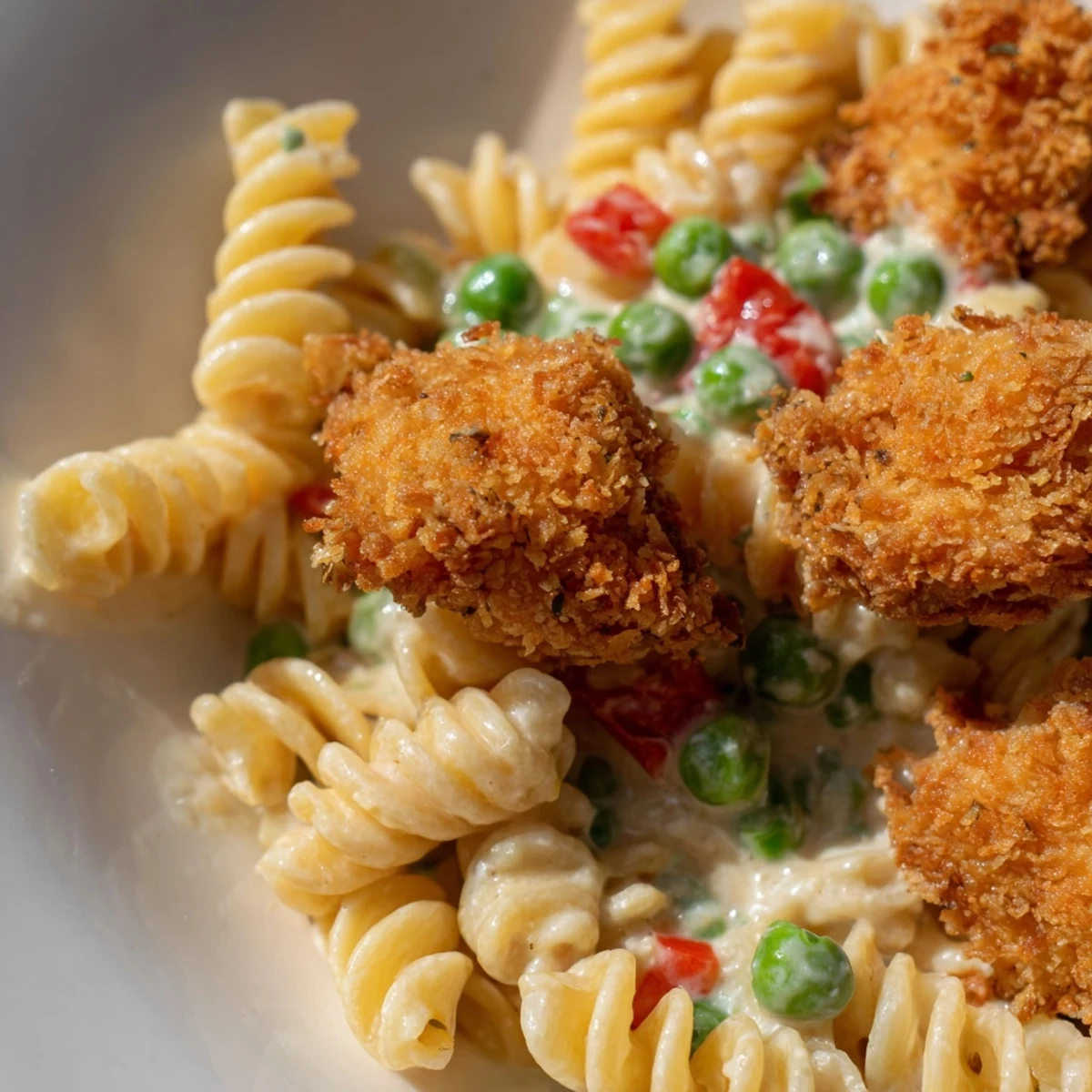Top-down view of Crispy Chicken Ranch Pasta Salad in a rustic bowl, showcasing tender pasta, crispy chicken pieces, fresh green onions, and a drizzle of tangy ranch dressing.